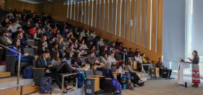 Students gathered for a lecture in the Life Sciences Building